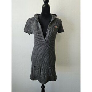 Vtg Y2k Hollister Hooded Sweater Dress Sz Lg Gray Bodycon